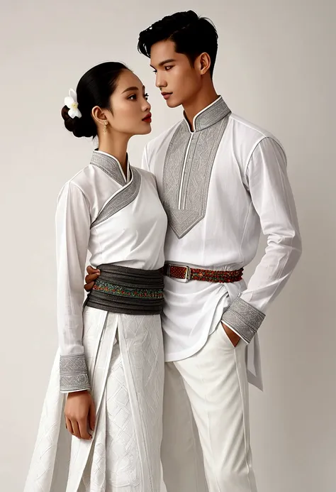 candid fashion illustration of two young man and women, 20 year odle, adorned in a meticulously crafted north thai traditional o...