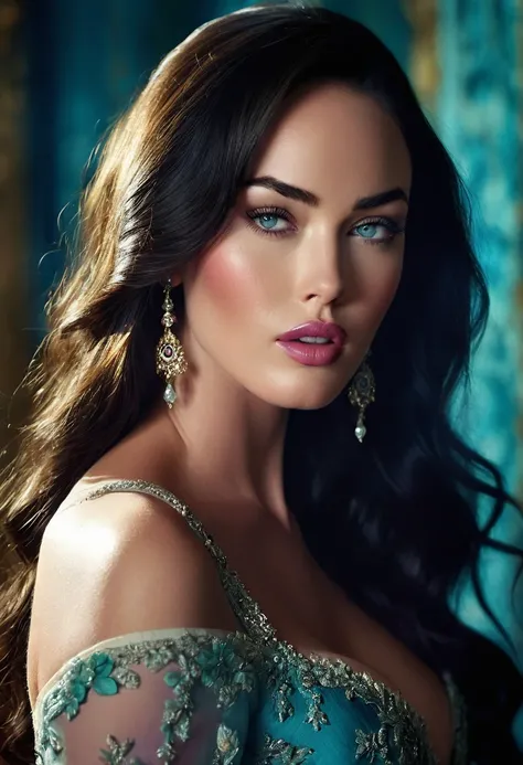 an 1800s theme cinematic photo of an enchanting and alluring woman, resembling megan fox, who exquisitely beautiful, in high-con...