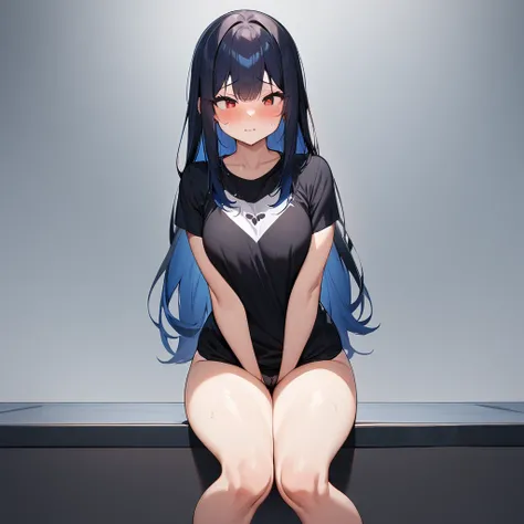 nsfw,1 girl,Solo,(blue hair),black hair,red eyes,long hair,Tsurime,Curvy,best quality, very aesthetic, absurdres,straight,masterpiece, best quality, very aesthetic, absurdres,v arms,Thighs,cowboy shot,Embarrassing, have_to_pee,pantie,illustration,knees_tog...