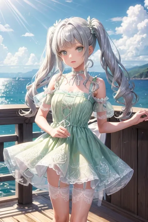 girl　long silver twintails　cute detailed face　light green detailed lace short dress　seaside in summer  skirts that flip in the w...