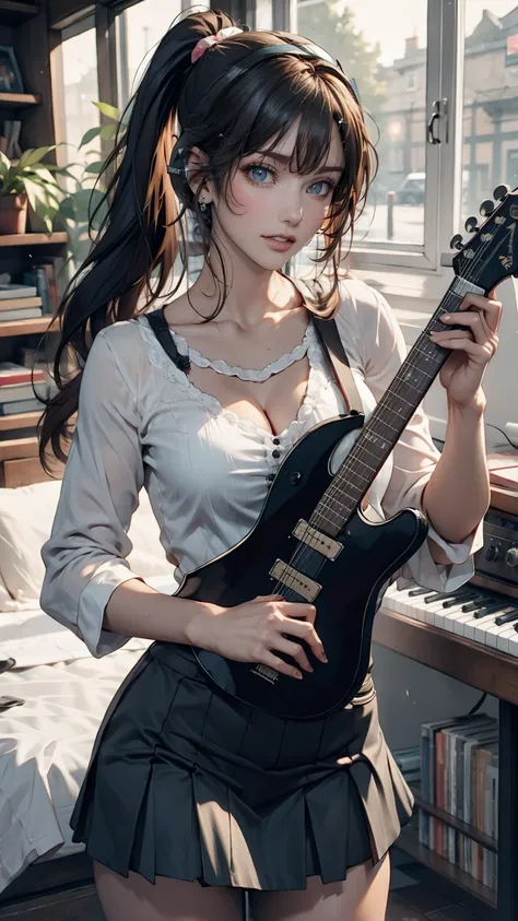 ((masterpiece, Highest quality))One girl, alone, Black Dress, blue eyes, electric guitar, guitar, Headphones, Double Ponytail, Holding, Holding plectrum, musical instrument, Long Hair, music, One side up, Turquoise Hair, Twin tails, guitarを弾く, Pleated skir...