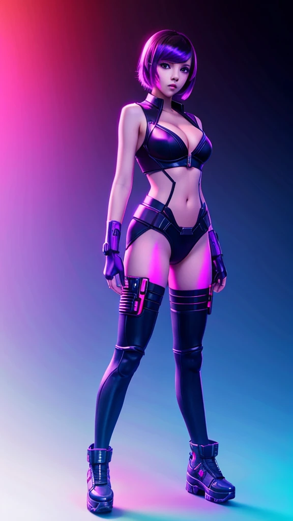 1girl, cyberpunk, (full body:1.1), thighhighs, cleavage, perfect eyes, perfect face, kuvshinov, (gradient background:1.2),