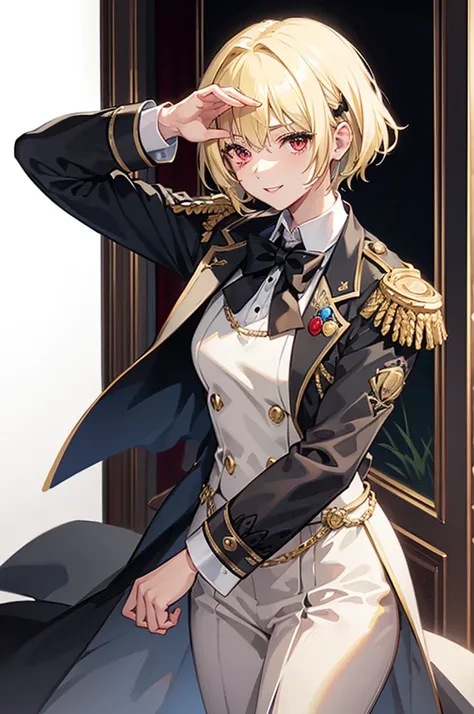 1 person, mature, (((Butler))), count, viscount, Victorian era,(Barrette)、(((Hair on one eye)))、(((Blonde short hair))),(Red eyes)、smile、 suit, coat,  White gloves, Gold and red design, Black Shirt, No background, Absurd, High resolution, Super sharp, 8K, ...