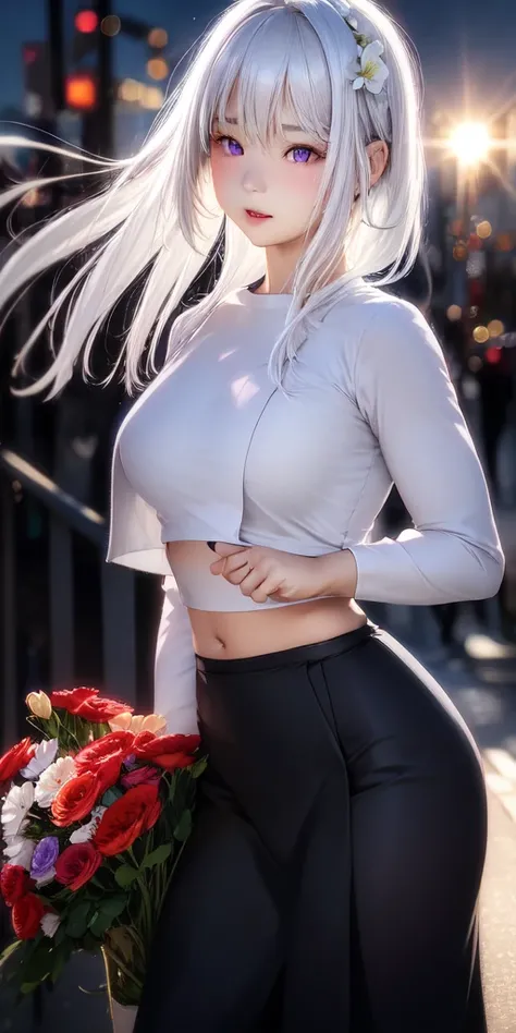 realistic, 1girl, white hair, purple eyes, glowing eyes, crop top, skirt, parted lips, blush, night, flowers, sun, sunlight,