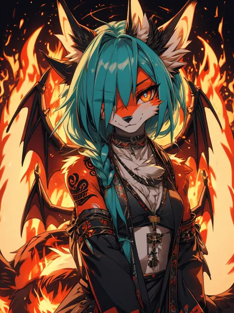 miku hatsune, add high definition_detail:1, blue fur,kitsune ears, tribal tattoo add_detail:1, in hell add_detail, batwigns add_...