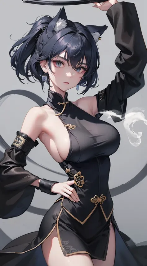 masterpiece, Highest quality, 1 female, Mature Woman, sister, Young girl, Royal Sister, Cold expression, strong, Grey Eyes, Wolf Cut Shorthair, Smoky mix navy blue hair color, resolute eyes, Simple black and white Taoist Taoist uniform, Long black earrings...