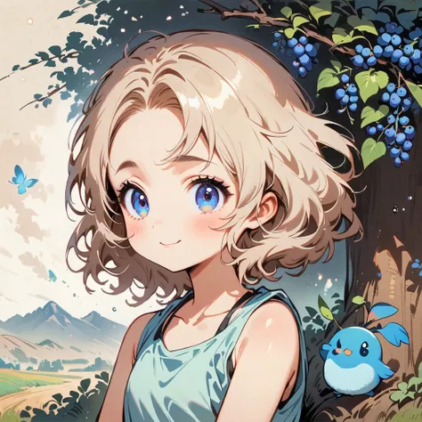 座っている、顔を少し細くする、Blueberry field、There are lots of blueberries on the trees、Pick and eat blueberries、Cartoon style character design，1 Girl, alone，Big eyes，Cute expression，Tank top、interesting，interesting，Clean Lines