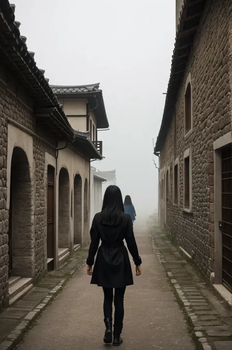 1 Japanese girl,2 Italian girls,1black girl,1 South American girl,1 Indian girl, models, rear view,wearing dark clothes walking towards a foggy roman castle