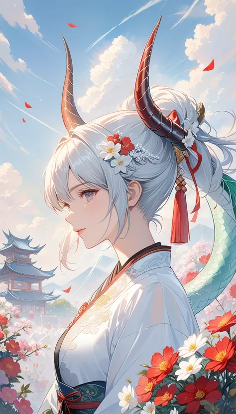 (masterpiece), (Excellent), (Extremely detailed), White Dew, square, audience, Dragon Tail Horn, Upper Body, Flowers, ribbon, cloud,