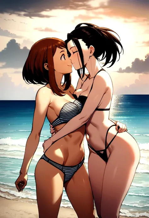 Two women standing. two women kissing. two women hugging. Ochako Uraraka, triangle top decorated stripes, medium breasts, hipster bikini decorated stripes, medium glutes, smiling. yaoyorozu momo, strapless decorated flowers, medium breasts, flower decorate...