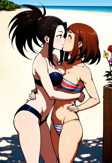 Two women standing. two women kissing. two women hugging. Ochako Uraraka, triangle top decorated stripes, medium breasts, hipster bikini decorated stripes, medium glutes, smiling. yaoyorozu momo, strapless decorated flowers, medium breasts, flower decorate...