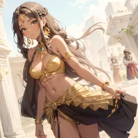 Egiptian princess in the anime is wearing a gold dress with her hair in braids, sexy , 1girl, breasts, solo,DARK SKIN , long hair, black hair, looking at viewer, dress, jewelry, earrings, brown eyes, white dress, bare shoulders, covered navel, sleeveless d...