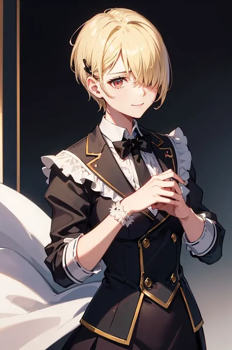 1 person, mature, (((butler))), count, viscount, victorian era,(barrette)、(((hair on one eye)))、(((blonde short hair))),(red eye...