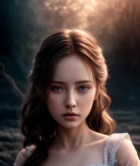 1 girl, cinematic, intricate detailed face, detailed eyes, detailed lips, porcelain skin, flowing hair, elegant dress, serene expression, dramatic lighting, cinematic atmosphere, fantasy landscape, magical realism, vivid colors, high quality, photo-realist...