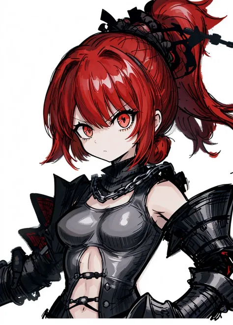 1girl, orenge eyes, red hair, chain mail, ponytail, nice clothes, (high resolution, high detail, best quality), 
black background, angry, axe,small breasts