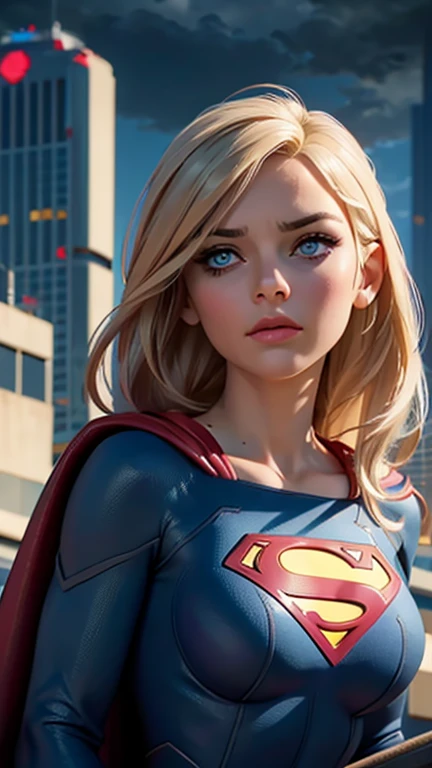 a supergirl sitting on a rooftop building, lost in deep thought, looking at the city, beautiful detailed eyes, beautiful blue eyes, both eyes are similar, beautiful detailed lips, extremely detailed face, long eyelashes, beautiful detailed costume, blonde ...