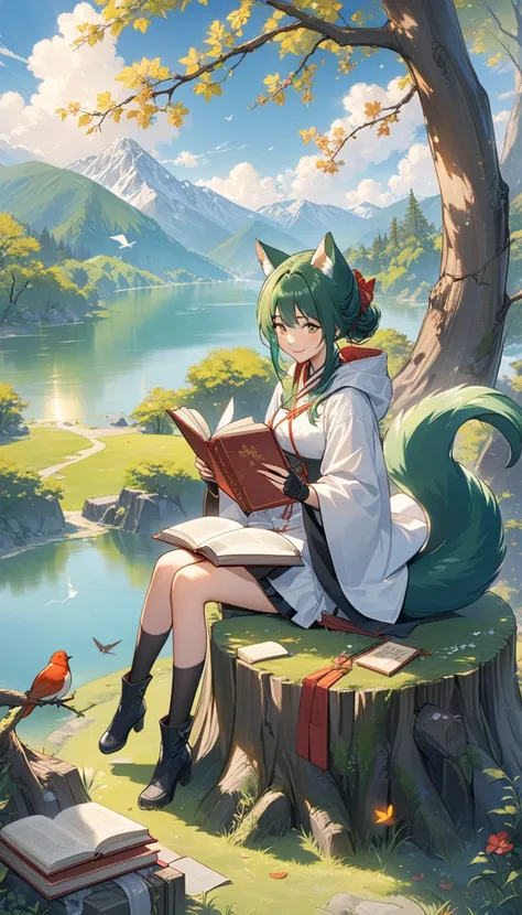 masterpiece, best quality,, 1 Girl, sit, animal, animal ears, bird, Black_hair, Book, Bookmark, Branches, Gloves, Grass, green hair, Keep, Keep Book, hood, hood down, leaf, Looking at the audience, multicolored hair, oPen_Book, partially fingerless Gloves,...