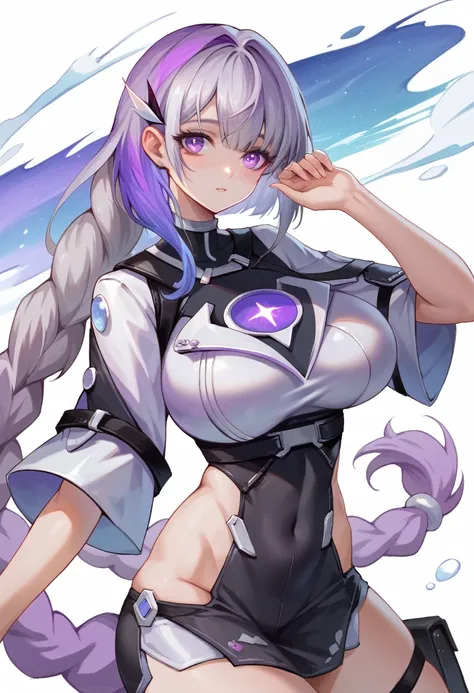 yinji,1 girl   sexy poss,purple_hair,purple_Eye,Very_long_hair,grey_hair,Braided_Ponytail,big breast, Wearing a white shirt，With purple hair,  slope_hair, , The background is dreamy, sexy clothes in tight