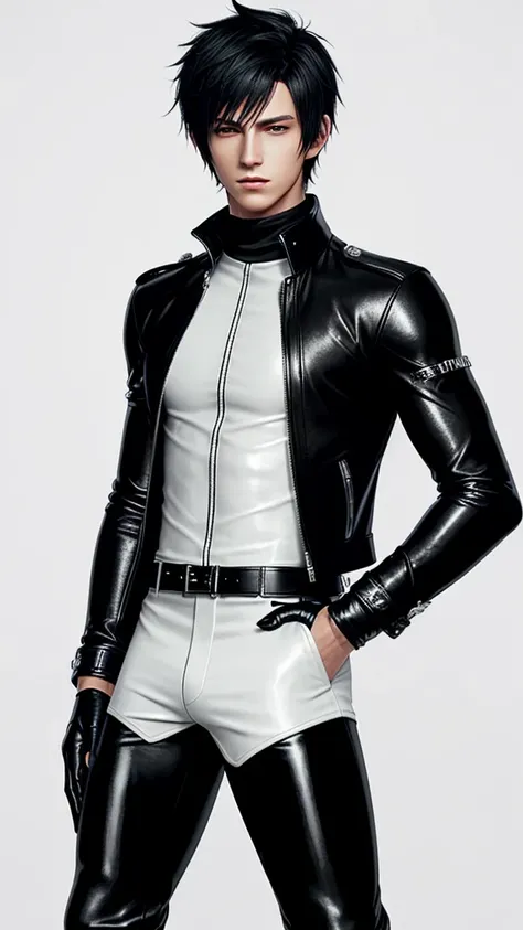 Final fantasy taste and reality graphics, Japanese young cute and cool ikemen  boy, his age is early 20s, thin eyebrows and beady eyes,  he wearing off white color leather thick singlebrest biker jacket, with epaulet,  must close the front of the leather j...