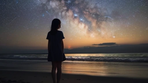 A girl standing on the beach、Back view、Midsummer Night Sky、The Milky Way in the middle、