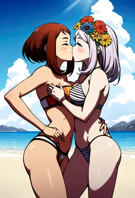 Two women standing. two women kissing. two women hugging. Ochako Uraraka, triangle top decorated stripes, medium breasts, hipster bikini decorated stripes, medium glutes, smiling. Jiro Kyoka, strapless decorated flowers, medium breasts, flower decorated th...