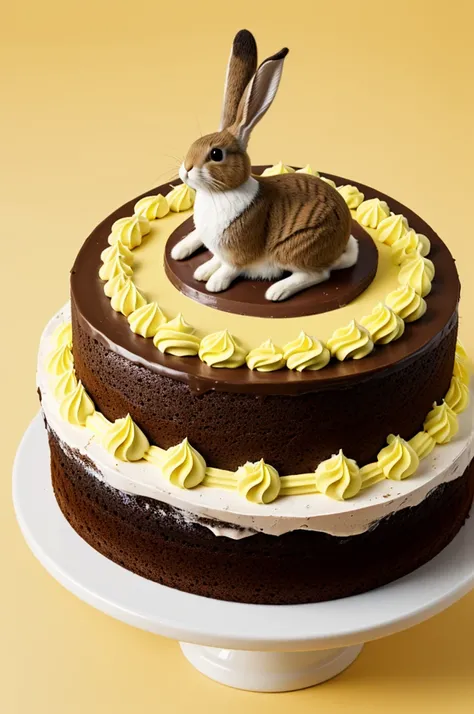 Drawing of Chocolate Cake with a rabbit coming out of the top and with yellow and pink details 