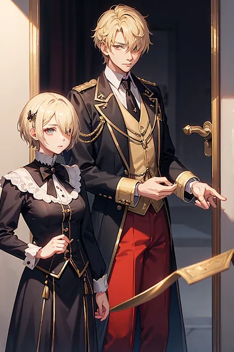 1 person, mature, (((Woman dressed as a man))),(((Butler))), count, viscount, Victorian era,(Barrette)、(((Hair on one eye)))、(((Blonde short hair))),(Red eyeedium Breast),smile、 suit, coat,  White gloves, Gold and red design, Black Shirt, No background, Ab...