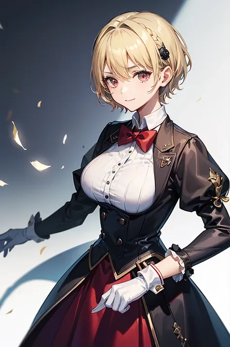 1 person, mature, (((Woman dressed as a man))),(((Butler))), count, viscount, Victorian era,(Barrette)、(((Hair on one eye)))、(((Blonde short hair))),(Red eyeedium Breast),smile、 suit, coat,  White gloves, Gold and red design, Black Shirt, No background, Ab...