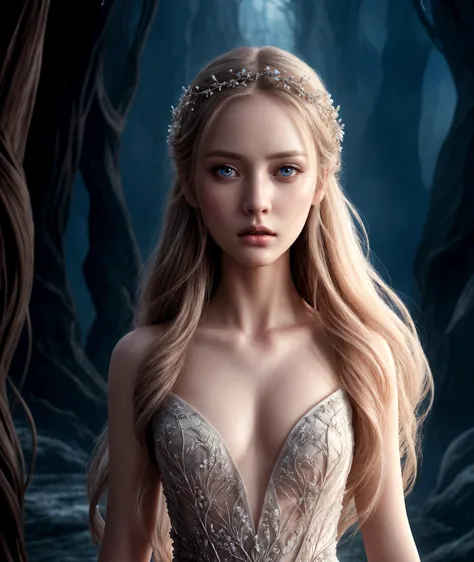 1 girl,full body cinematic, intricate detailed face, detailed eyes, detailed lips, porcelain skin, flowing hair, elegant dress, serene expression, dramatic lighting, cinematic atmosphere, fantasy landscape, magical realism, vivid colors, high quality, phot...