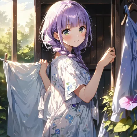 masterpiece, ultra detailed, 8K, full body shot,, a girl, kawaii, light atmosphere, (Cute a girl:1.5), (one girl with pale purple hair, wavy two braids, blunt bangs hair, green and black eyes :1.4), anime visual, (tilt head:1.3), extremely delicate face, r...