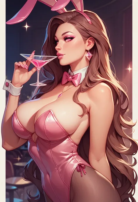 very pretty woman, long hair, Brown hair, pink eyes, big breasts, pink sexy bunny costume, alone, asking for a kiss, pink lips, pink eyeliner, artificial nails, expensive jewelry, very beautiful, martini, a very elegant white hotel room