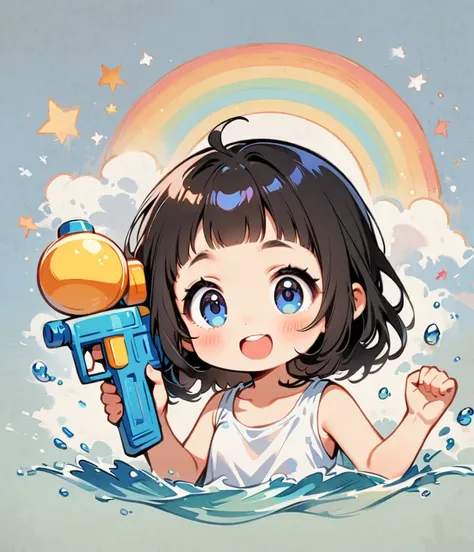 sports caps、２０代のolder sister、draw a rainbow with a blue sky background、short black hair、older sister、play with a water gun、garde...