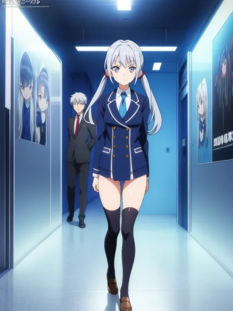 1girl, anime girl, silver hair, long twintails, silver eyes, dark blue school suit, anime movie poster