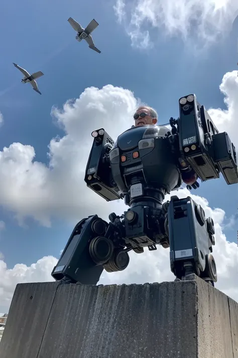 An elderly man sitting on a toilet that has transformed into a robot. The robots mechanical arms and legs are visible, and the bidet water hits the mans backside, causing him to be launched into the sky. The robot has a surprised expression on its face, wi...