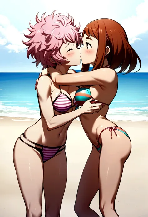 Two women standing. two women kissing. two women hugging. Ochako Uraraka, triangle top decorated stripes, medium breasts, hipster bikini decorated stripes, medium glutes, smiling. Mina Ashido, strapless decorated flowers, medium breasts, flower decorated t...