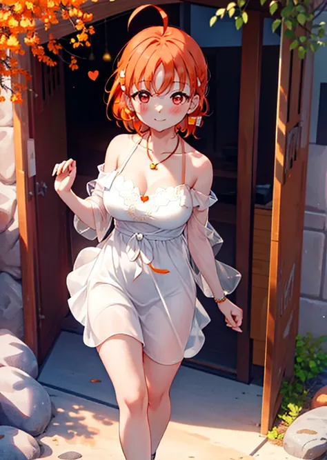 chika　takami,Orange Hair,Ahoge,Red eyes,smile,blush,Orange off-shoulder dress,Bare shoulders,bare clavicle,Bare neck,Heart-shaped necklace,Long skirt,Cute heeled sandals,Walking,Daytime,Clear skies,whole bodyがイラストに入るように break outdoors, Building district, b...