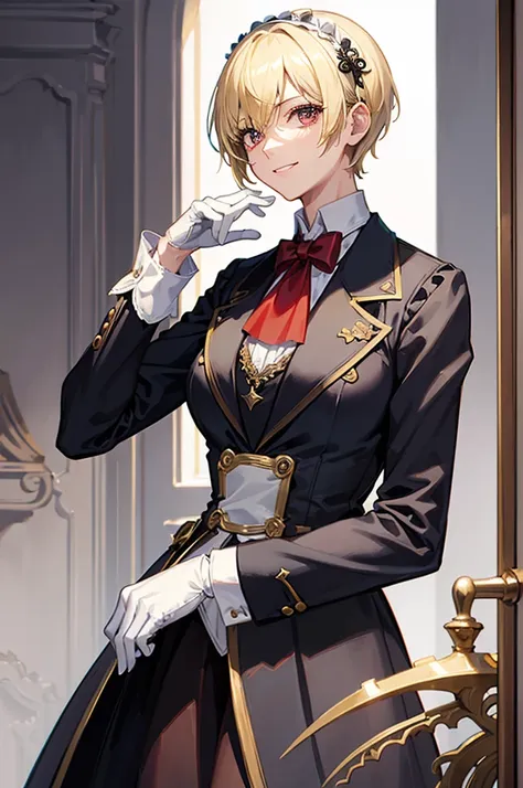 1 person, mature, (((woman dressed as a man))),(((butler))), count, viscount, victorian era,(barrette)、(((hair on one eye)))、(((...