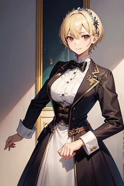 1 person, mature, (((Woman dressed as a man))),(((Butler))), count, viscount, Victorian era,(Barrette)、(((Hair on one eye)))、(((Blonde short hair))),(Red eyeedium Breast),smile、 suit, coat,  White gloves, Gold and red design, Black Shirt, No background, Ab...