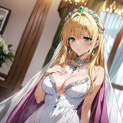 ((Highest quality)), ((masterpiece)), (detailed), （Perfect Face）、The woman is Tiare, has green eyes, medium-long blonde hair, and is wearing an engagement ring.、The woman is wearing a gorgeous and dazzling night dress, a gorgeous see-through cape and a see...