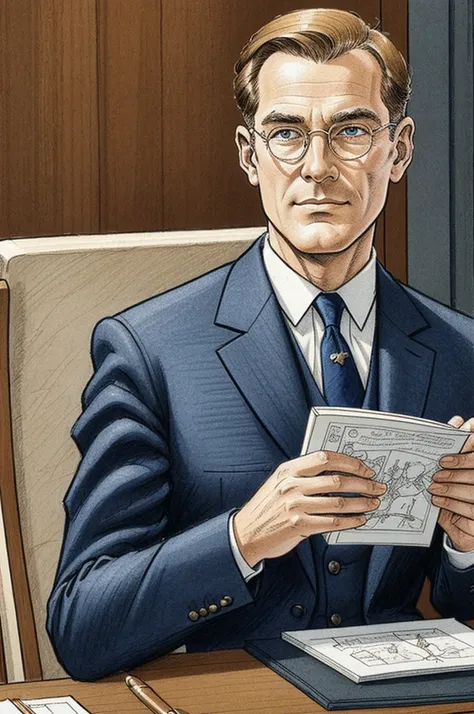 Le personnage Francis Blake de la bande dessinée Blake et Mortimer de Edgar jacobs, style dessin graphique, dans un carnet de croquis, tracé au crayon