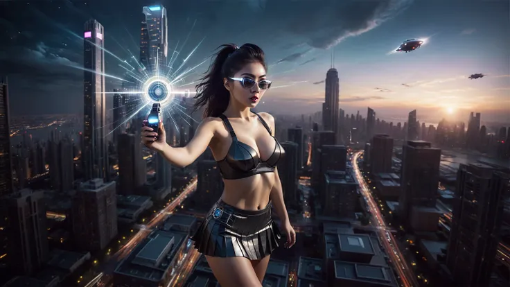 At night, dark sky, (((aerial view of futuristic sci-fi cyberpunk city, skyscrapers, (((((flying vehicle))))), (vortex-spirit-spreading giant ghost hologram (((clock tower))) as time machine), high quality))). Matrix style, (1girl, solo), photo realistic, ...