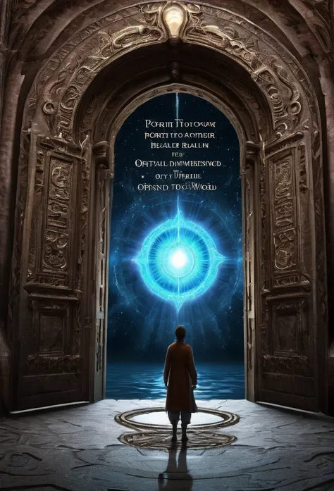 a picture of a person standing in front of a door with the words open portal to the underworld at will, portal opening, open portal to another dimension, portal to another world, world seen only through a portal, portal to the ethereal realm, a portal to t...