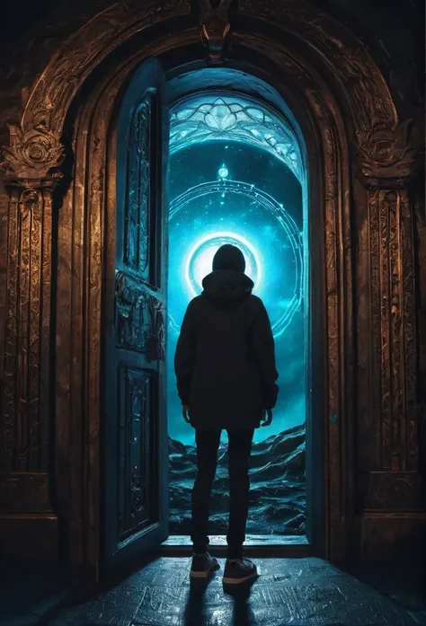 a picture of a person standing in front of a door with the words open portal to the underworld at will, portal opening, open portal to another dimension, portal to another world, world seen only through a portal, portal to the ethereal realm, a portal to t...