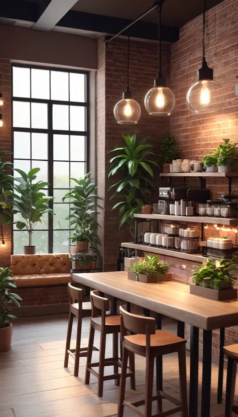 lofi coffee shop,cozy atmosphere,warm lighting,film grain,muted colors,subtle bokeh,soft textures,wooden furniture,brick walls,potted plants,string lights,large windows,realistic,photorealistic,photo-realistic:1.37,(best quality,4k,8k,highres,masterpiece:1...