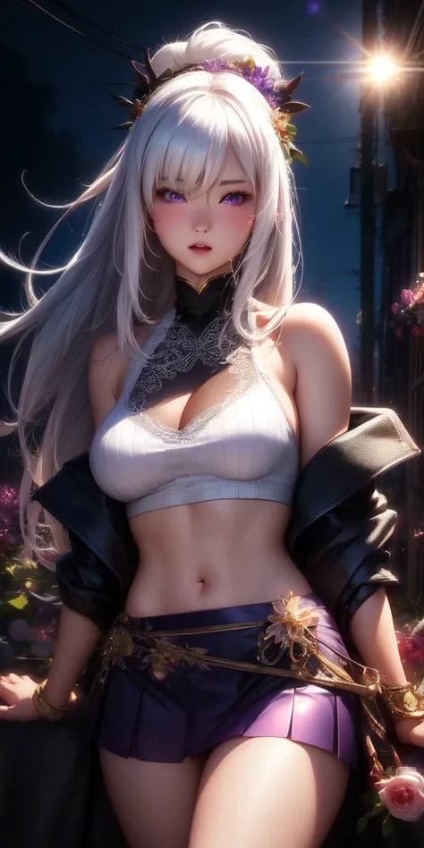 realistic, 1girl, white hair, purple eyes, glowing eyes, crop top, skirt, parted lips, blush, night, flowers, sun, sunlight,