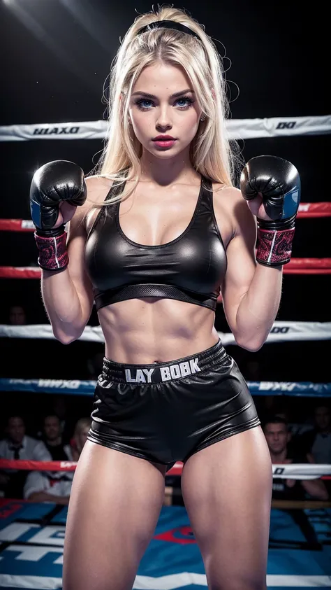 Cute young sexy blonde college bombshell, (young barbie doll face), 18 years old, blue eyes, (black boxing shorts), (short boxing shorts), (tiny bra), (black boxing boots), blue eyes, straight blonde hair, muscular arms, slim toned body, tiny waist, boxing...