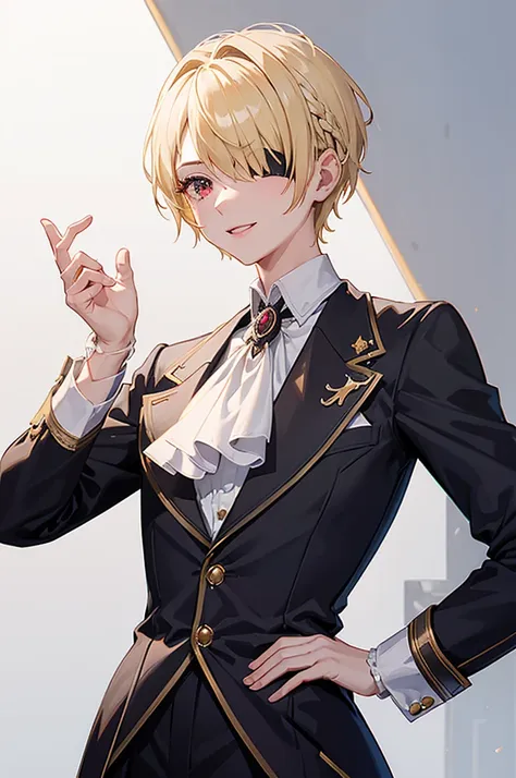 1 person, mature, (((butler))), count, viscount, victorian era,(barrette)、(((hair on one eye)))、(((blonde short hair))),(red eye...