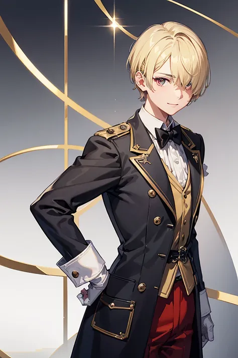 1 person, mature, (((butler))), count, viscount, victorian era,(barrette)、(((hair on one eye)))、(((blonde short hair))),(red eye...