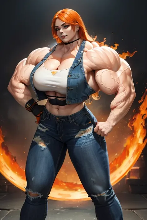 ((((Massive, beautiful, buff, pale white skinned muscular woman with orange hair, black lipstick, ginormous bulky muscles, hands on hips and wearing a denim jacket and a tight denim pants)))), (close view), massive muscles, hyper muscles, long shaggy hair,...