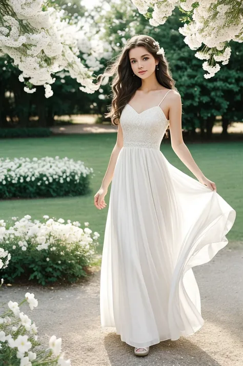 "A beautiful girl with long, wavy hair, wears a simple and elegant white dress that matches her classic feminine beauty. You stand in a charming place that gives the dress extra slence, with a background of white flowers and birds in the air, to reflect th...